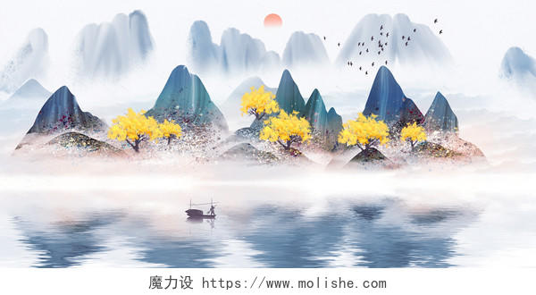 中国风蓝色意境水墨山水画